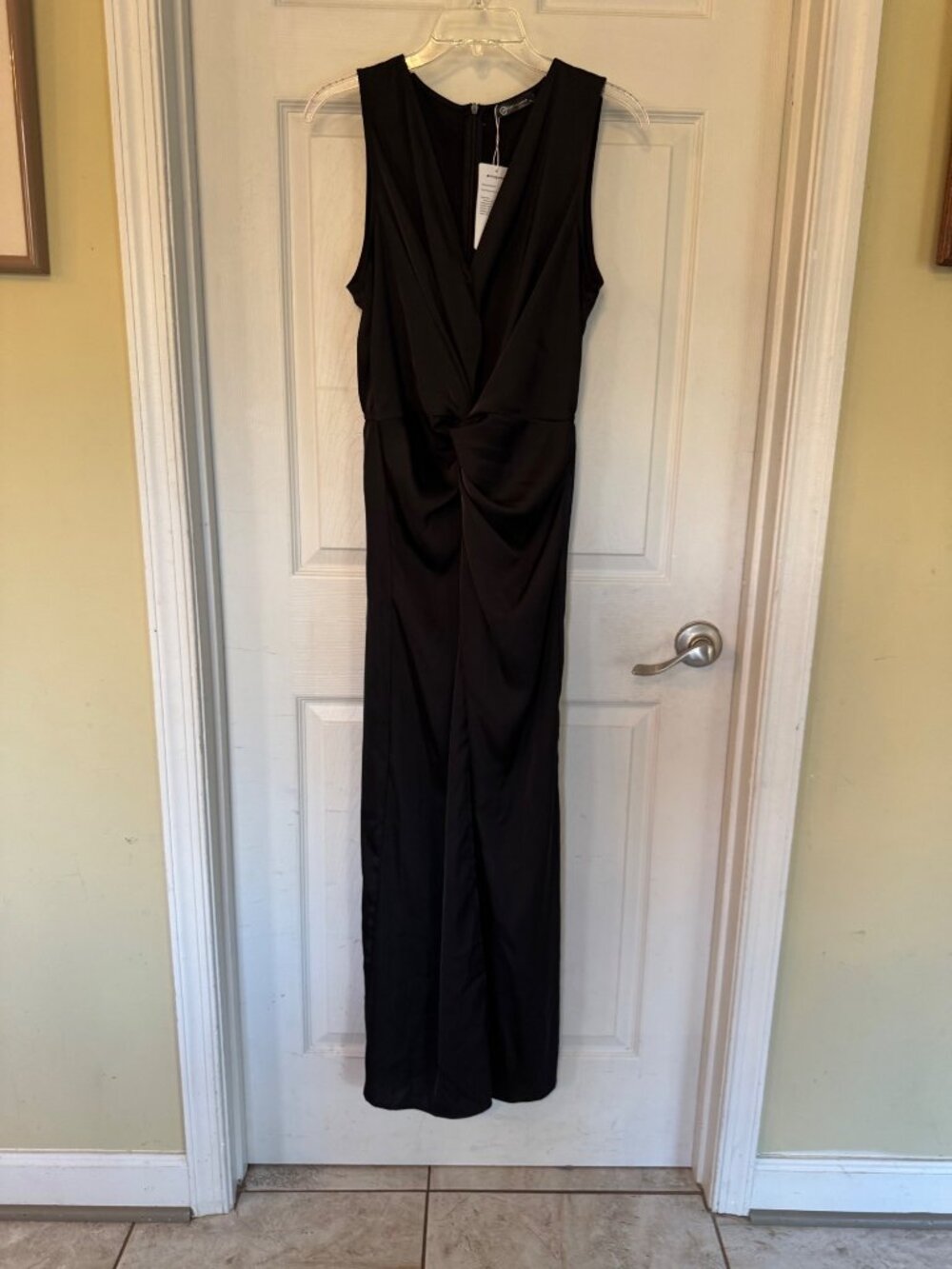Prettygarden Sleeveless Black Draped Knot VNeck Maxi Dress Satin Large NWT